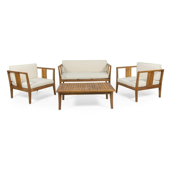 GDF Studio Saman Outdoor 4 Seater Acacia Wood Chat Set with Cushions, Teak and Beige