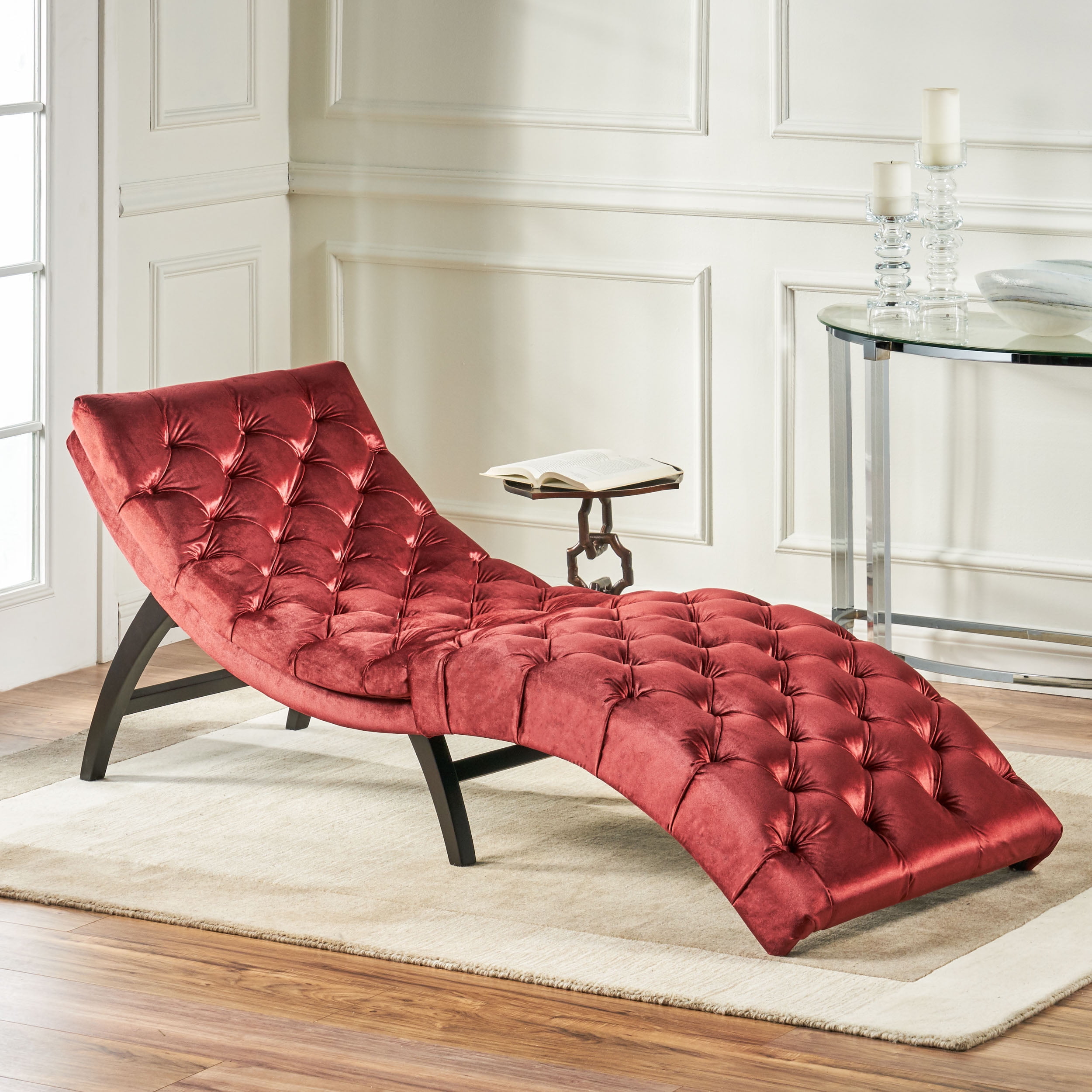 GDF Studio San Antonio Modern Glam Velvet Tufted Chaise Lounge Garnet and Dark Brown