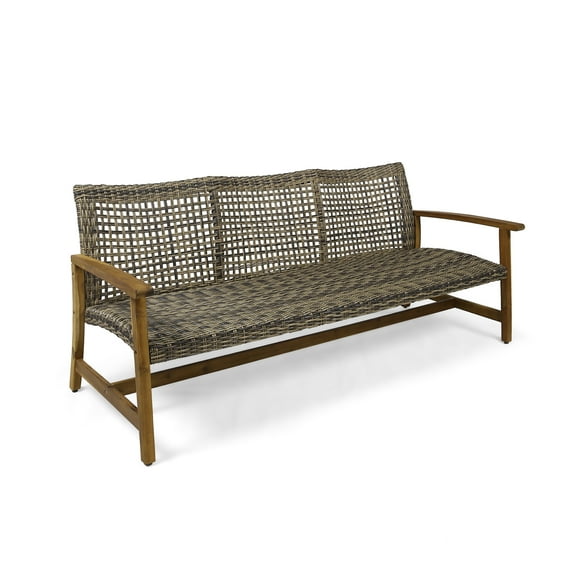 GDF Studio Savannah Outdoor Acacia Wood and Wicker 3 Seater Sofa, Natural and Gray