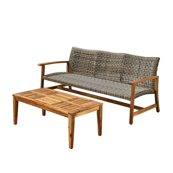 GDF Studio Savannah Outdoor Acacia Wood and Wicker 3 Seater Sofa and Coffee Table Set, Gray