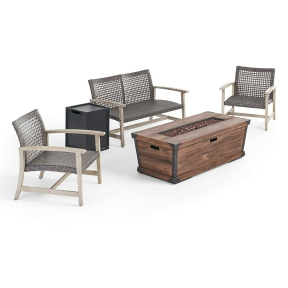 GDF Studio Savannah Outdoor Acacia Wood and Wicker 4 Seater Chat Set with Fire Pit, Light Gray, Mixed Black, and Brown