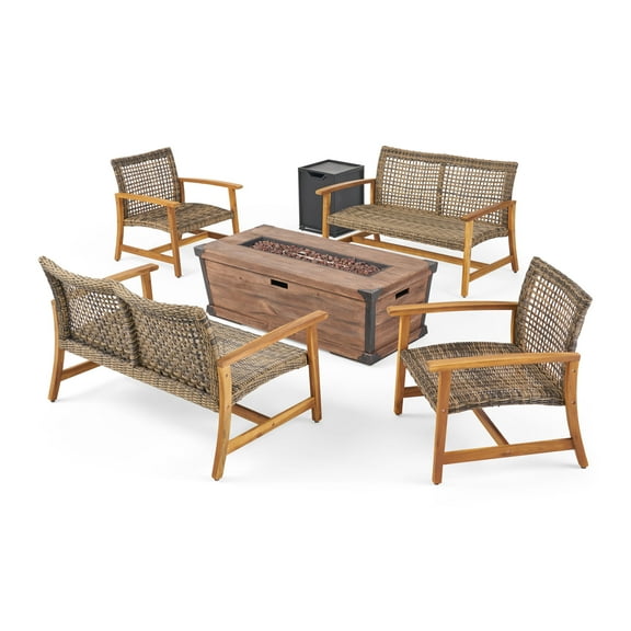 GDF Studio Savannah Outdoor Acacia Wood and Wicker 6 Seater Chat Set with Fire Pit, Natural, Gray, and Brown