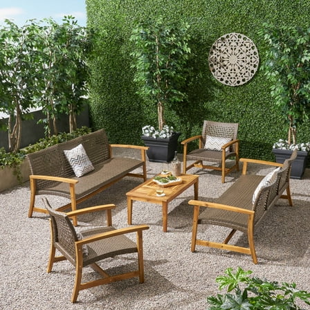 GDF Studio Savannah Outdoor Acacia Wood and Wicker 8 Seater Sofa Chat Set, Mixed Mocha and Natural