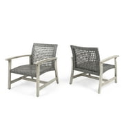GDF Studio Savannah Outdoor Wood and Wicker Club Chairs, Set of 2, Gray and Mixed Black