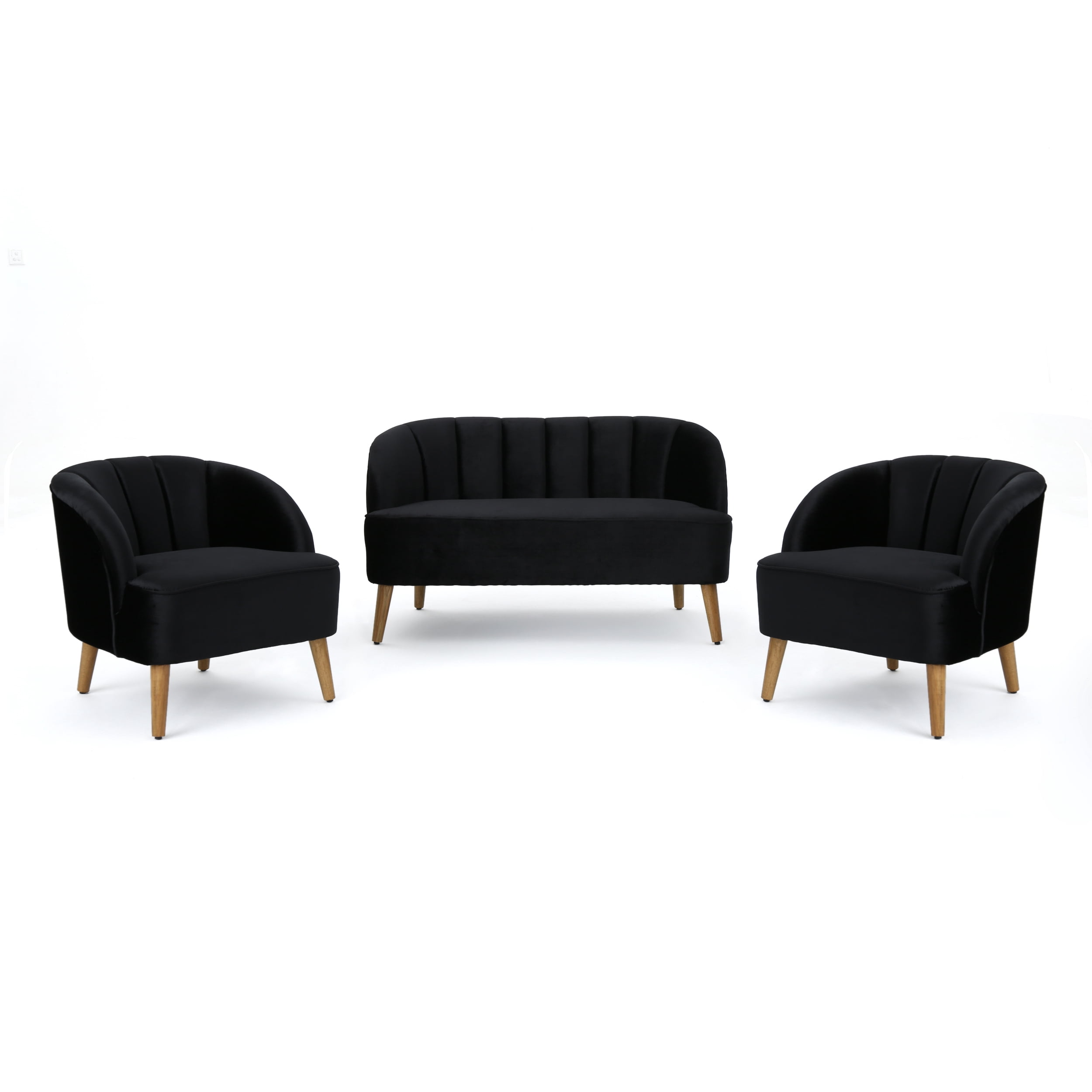 GDF Studio Scarlett Mid Century Modern Velvet 3 Piece Living Room Loveseat Set, Black and Light Walnut