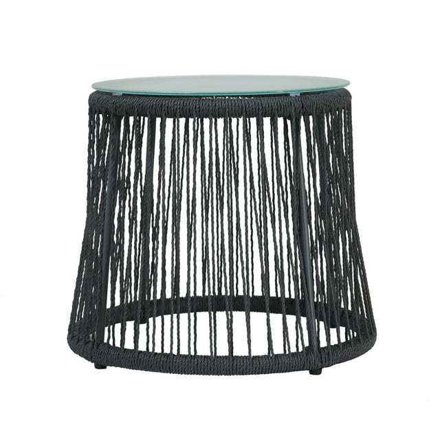 GDF Studio Sedona Indoor/Outdoor Rope and Glass Side Table, Dark Gray