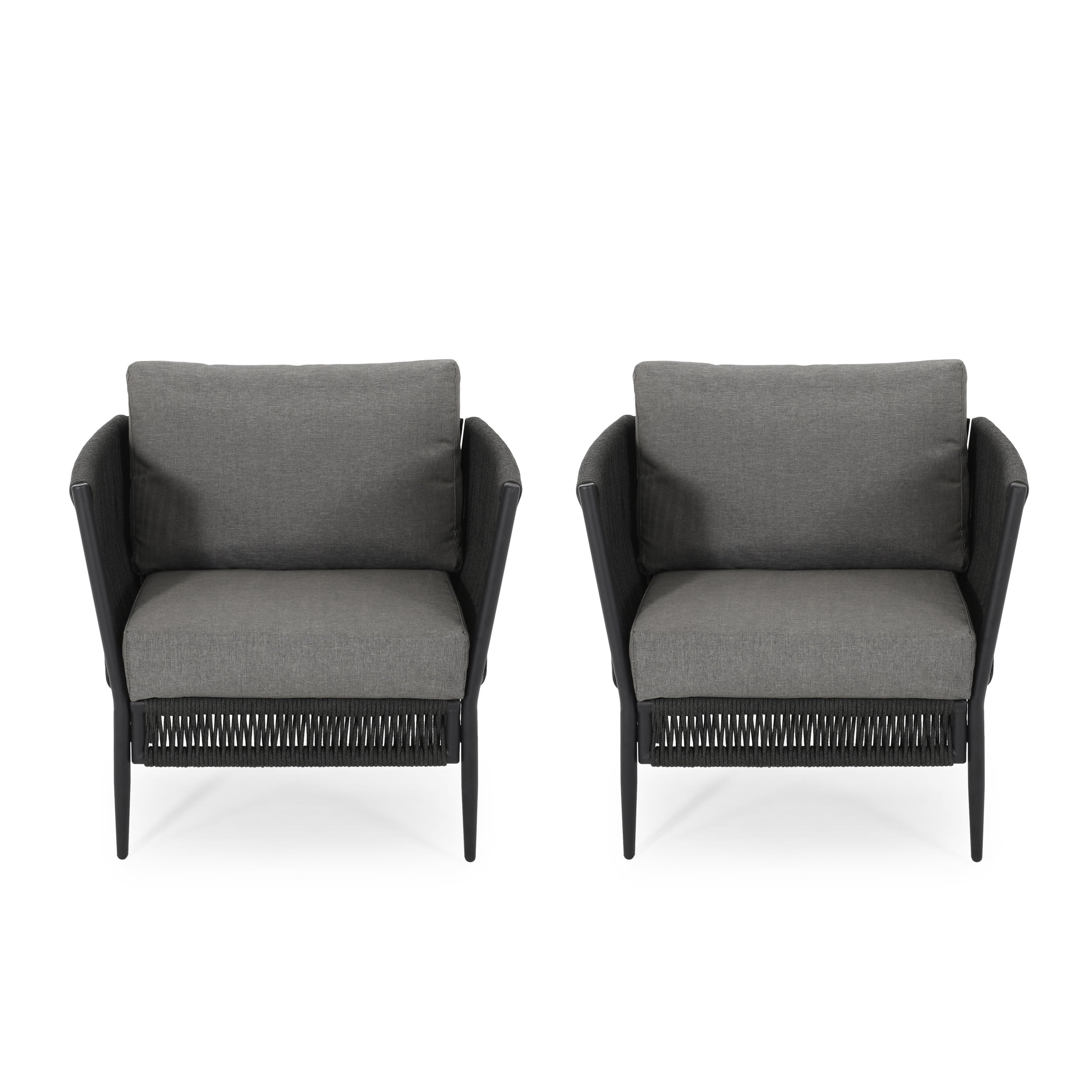 GDF Studio Sefora Outdoor Aluminum and Rope Club Chairs with Cushions, Set of 2, Black and Gray