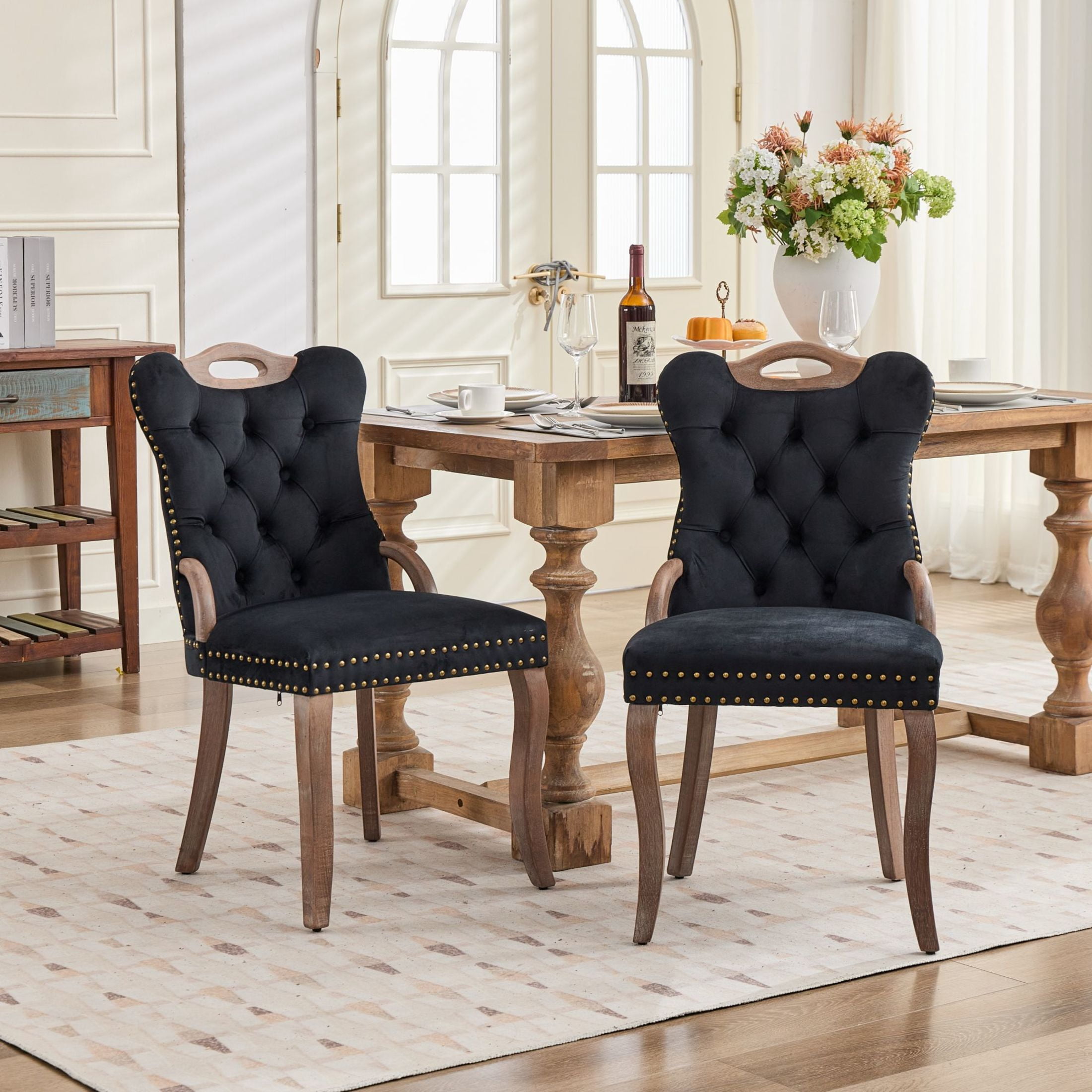 GDF Studio Set of 2 Dining Chairs with Tufted Velvet Upholstery, Copper Nailhead Trim, Black
