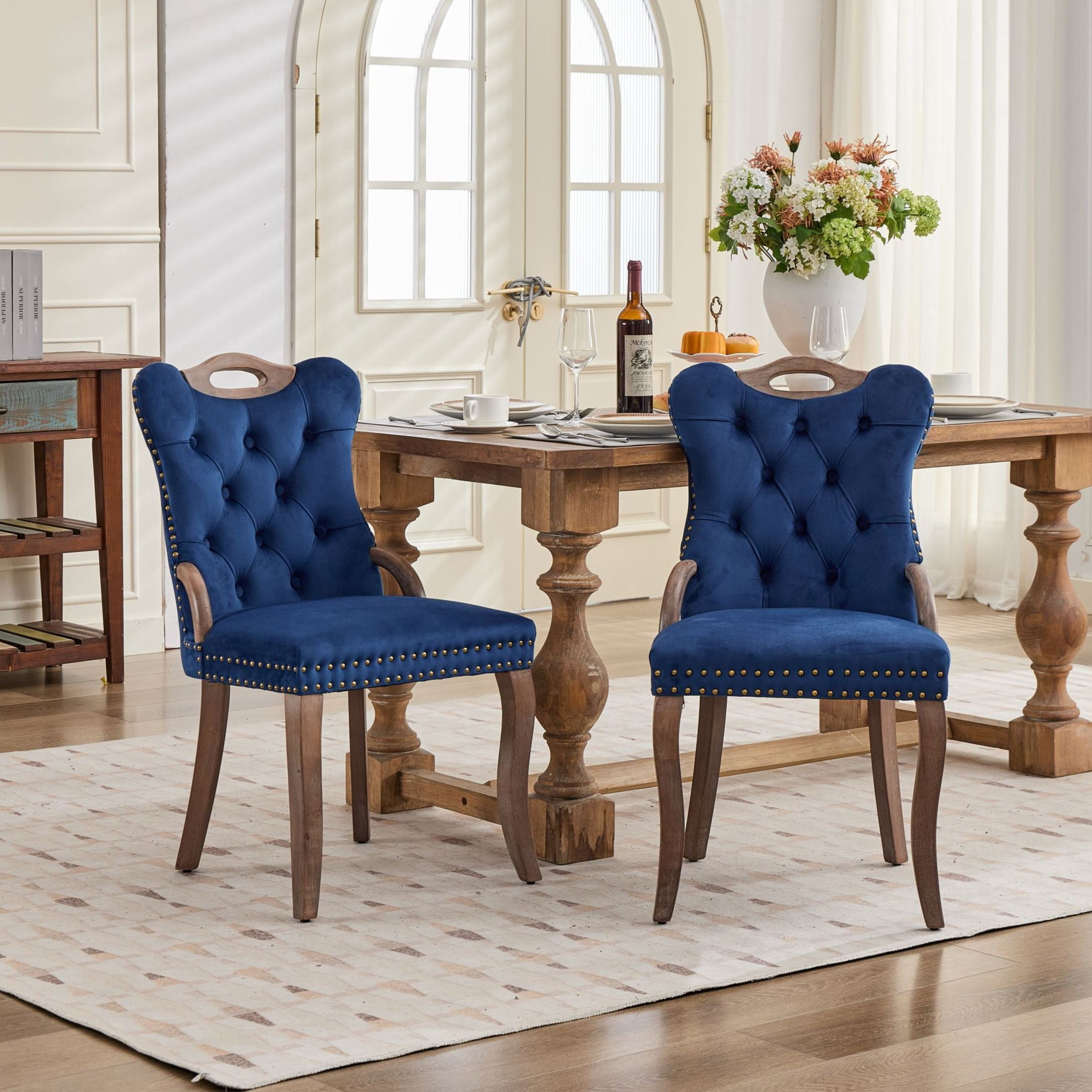 GDF Studio Set of 2 Dining Chairs with Tufted Velvet Upholstery, Copper Nailhead Trim, Blue