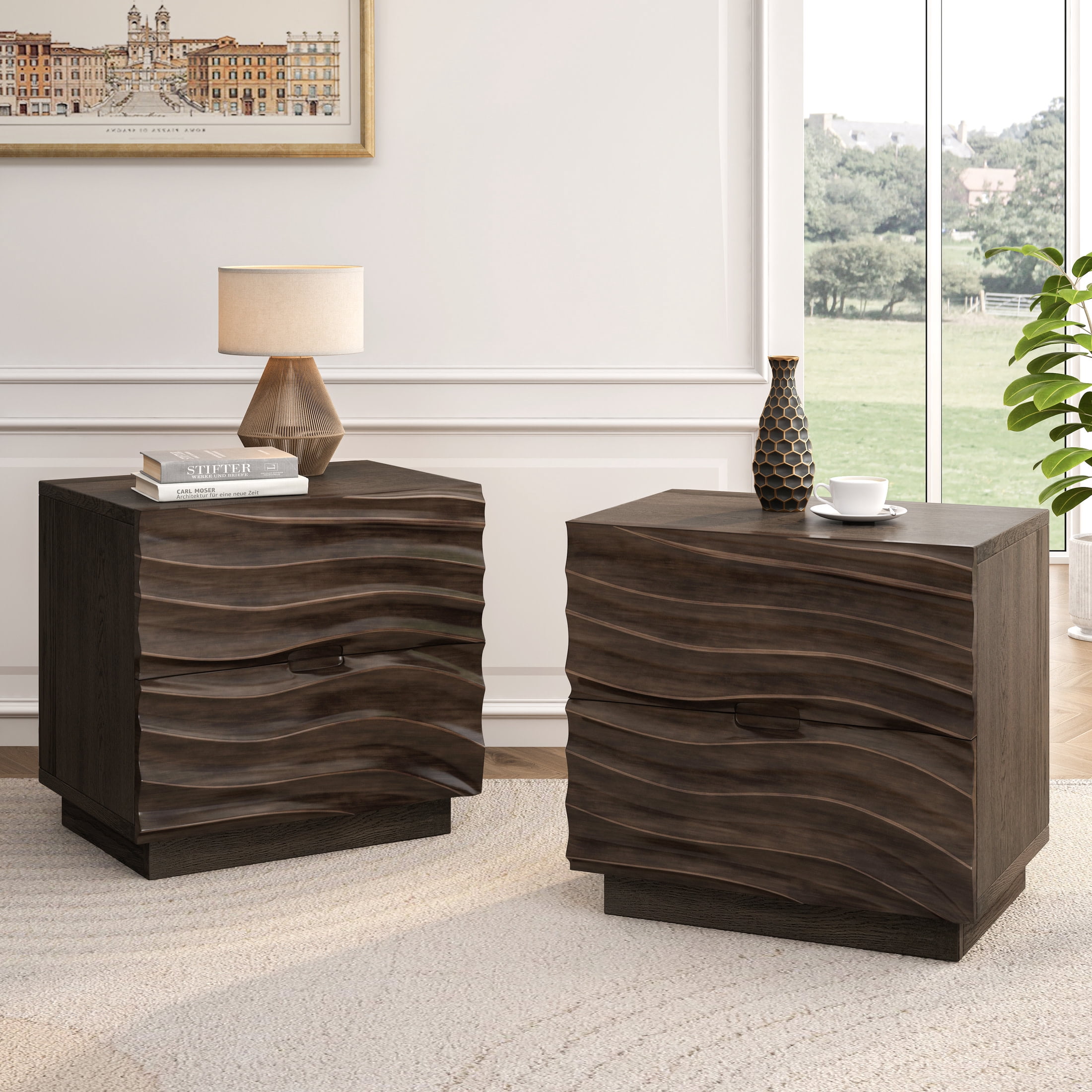 GDF Studio Set of 2 Solid Wood Nightstands with 2 Drawers, Handle-Free Design, Brown