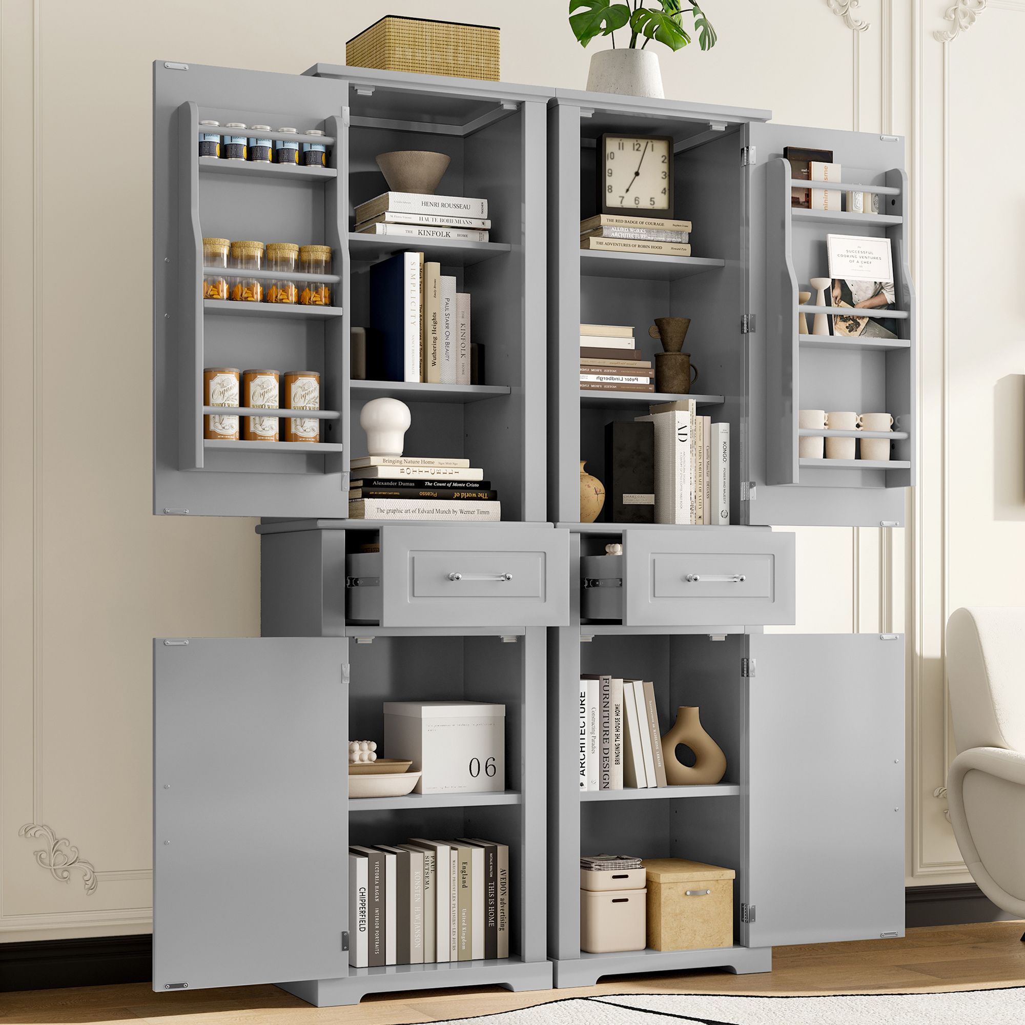 GDF Studio Set of 2 Storage Cabinets with Adjustable Shelf, Drawers and Door Racks for Bathroom or Office, Gray