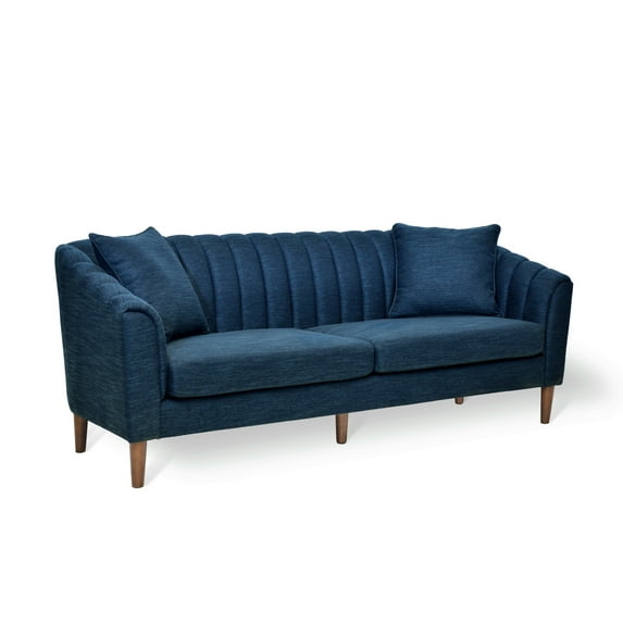 GDF Studio Shorey Contemporary Upholstered 3 Seater Sofa, Navy Blue Fabric and Dark Walnut