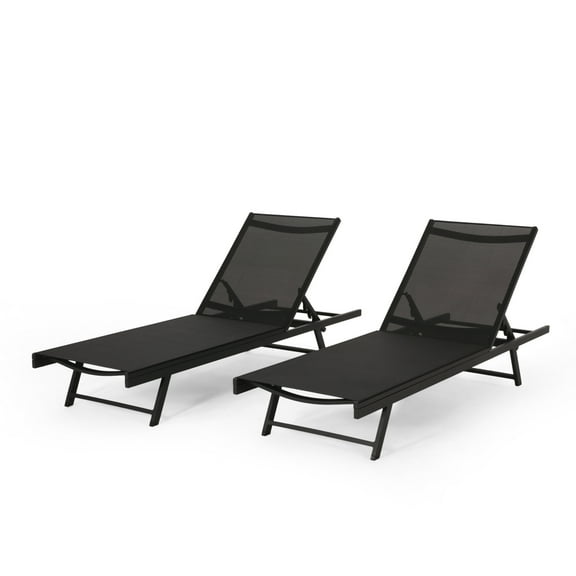 GDF Studio Simon Outdoor Aluminum and Mesh Armless Adjustable Chaise Lounge, Set of 2, Black and Dark Gray