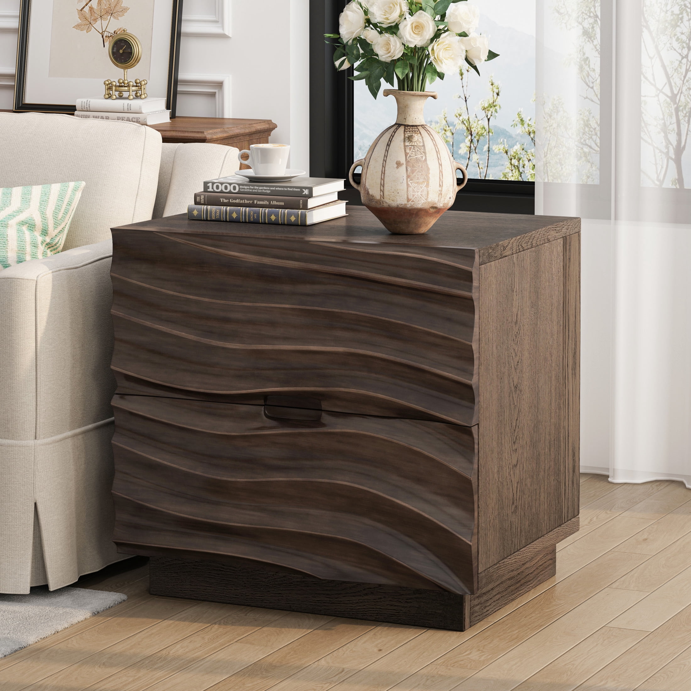 GDF Studio Solid Wood Nightstand with 2 Drawers, Handle-Free Design, Silent Metal Slides, Brown