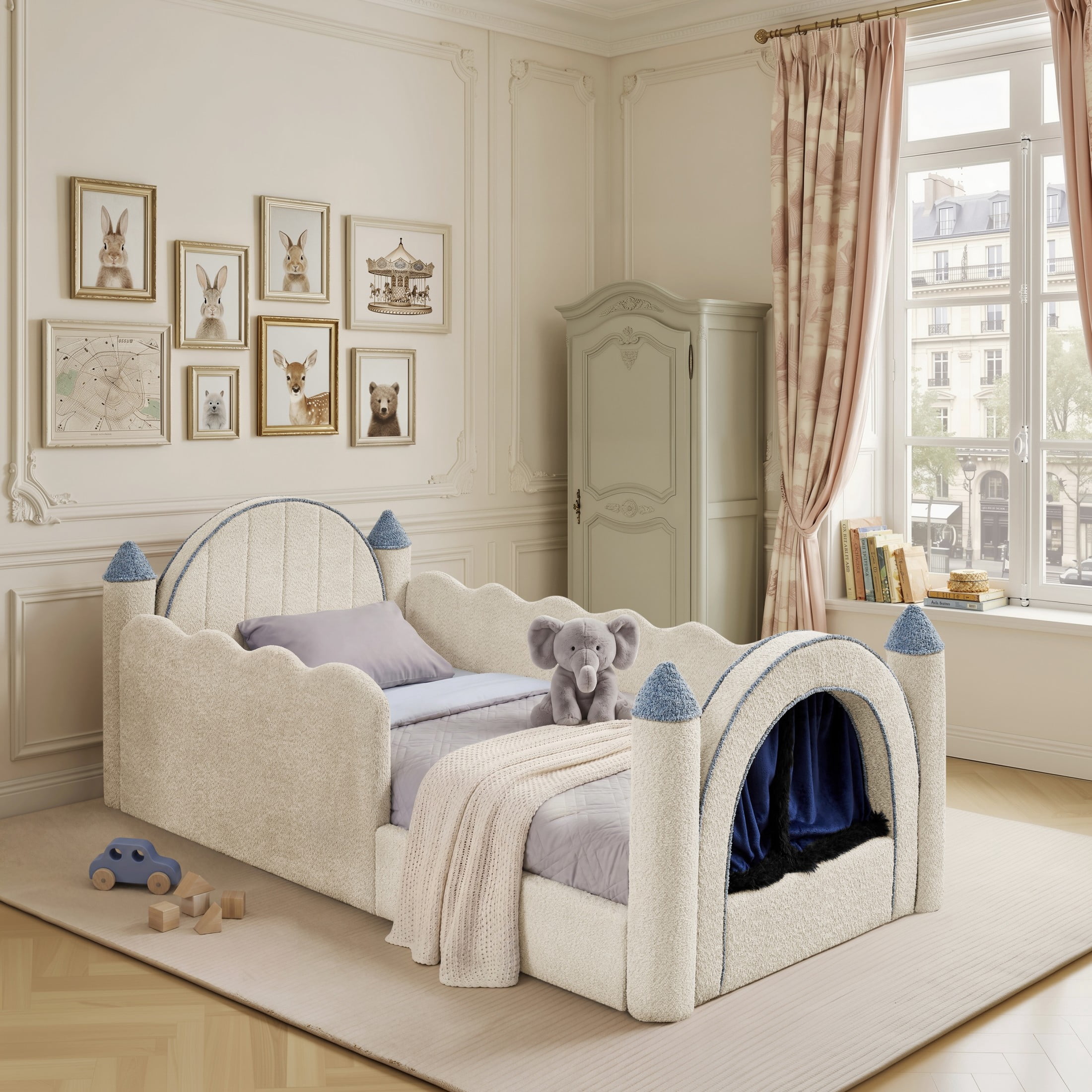 GDF Studio Solley Twin Size Castle Bed with Safety Guardrails, Curtain & Wood Frame, Boucle Upholstered Bed, Camel