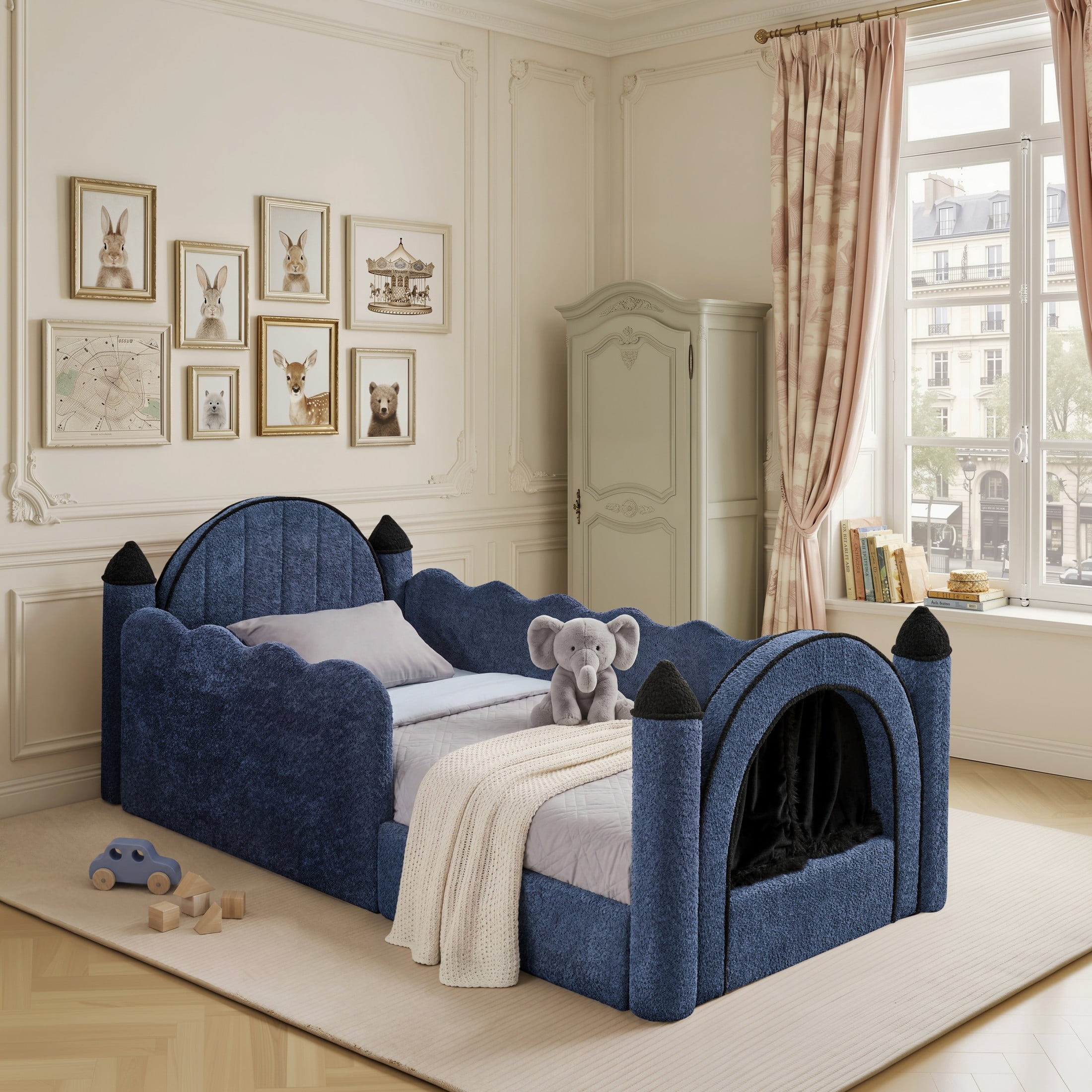 GDF Studio Solley Twin Size Castle Bed with Safety Guardrails, Curtain & Wood Frame, Boucle Upholstered Bed, Navy