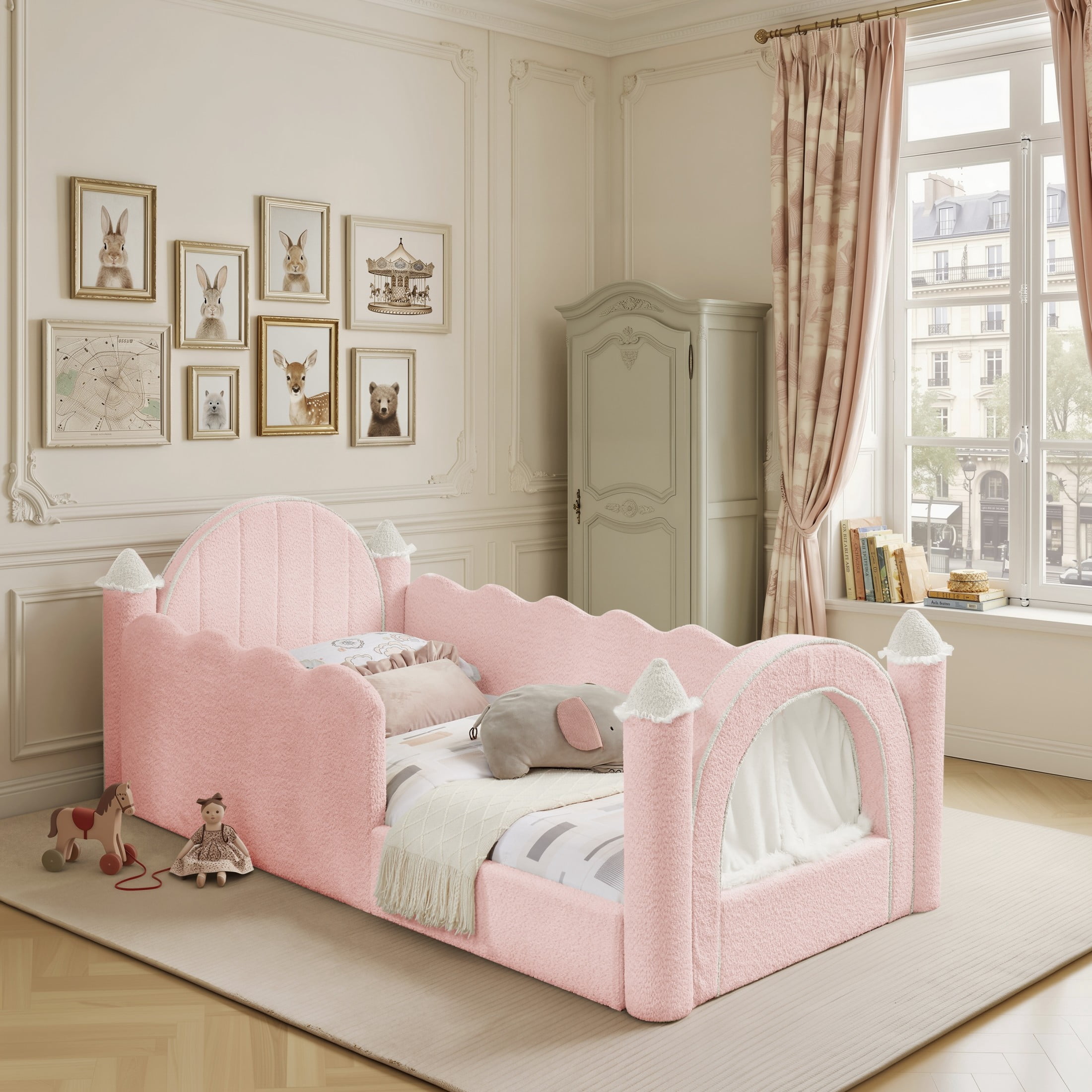 GDF Studio Solley Twin Size Castle Bed with Safety Guardrails, Curtain & Wood Frame, Boucle Upholstered Bed, Pink