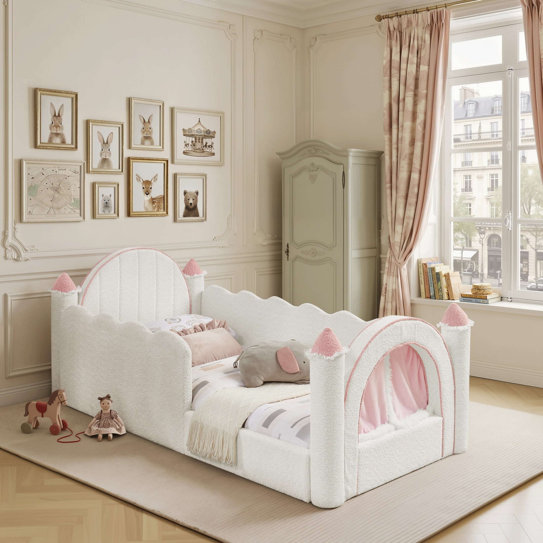 GDF Studio Solley Twin Size Castle Bed with Safety Guardrails, Curtain & Wood Frame, Boucle Upholstered Bed, White