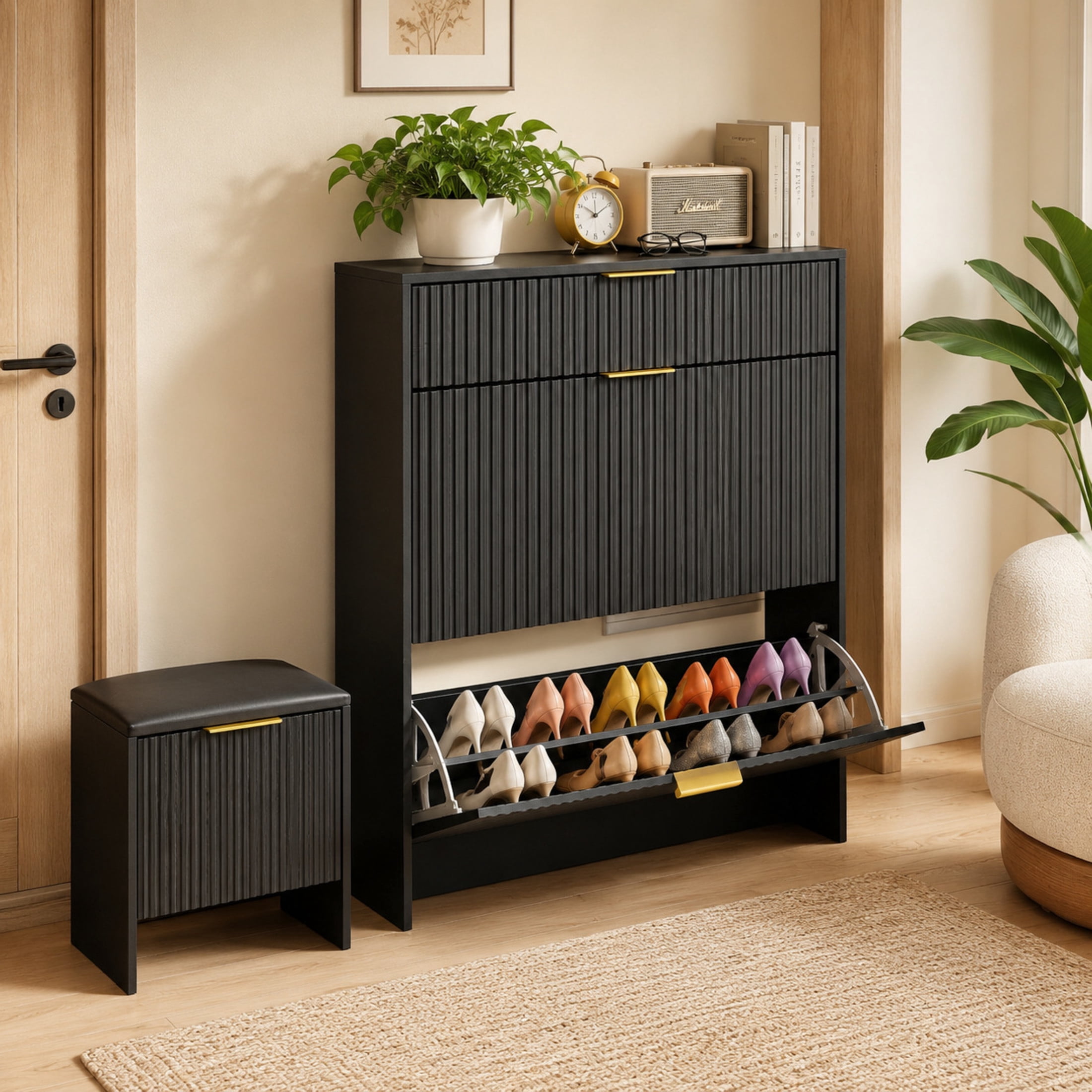 GDF Studio Solus Fluted Black Shoe Storage Cabinet Set with Padded Bench & Gold Pulls, Slim Hallway Organizer, Black