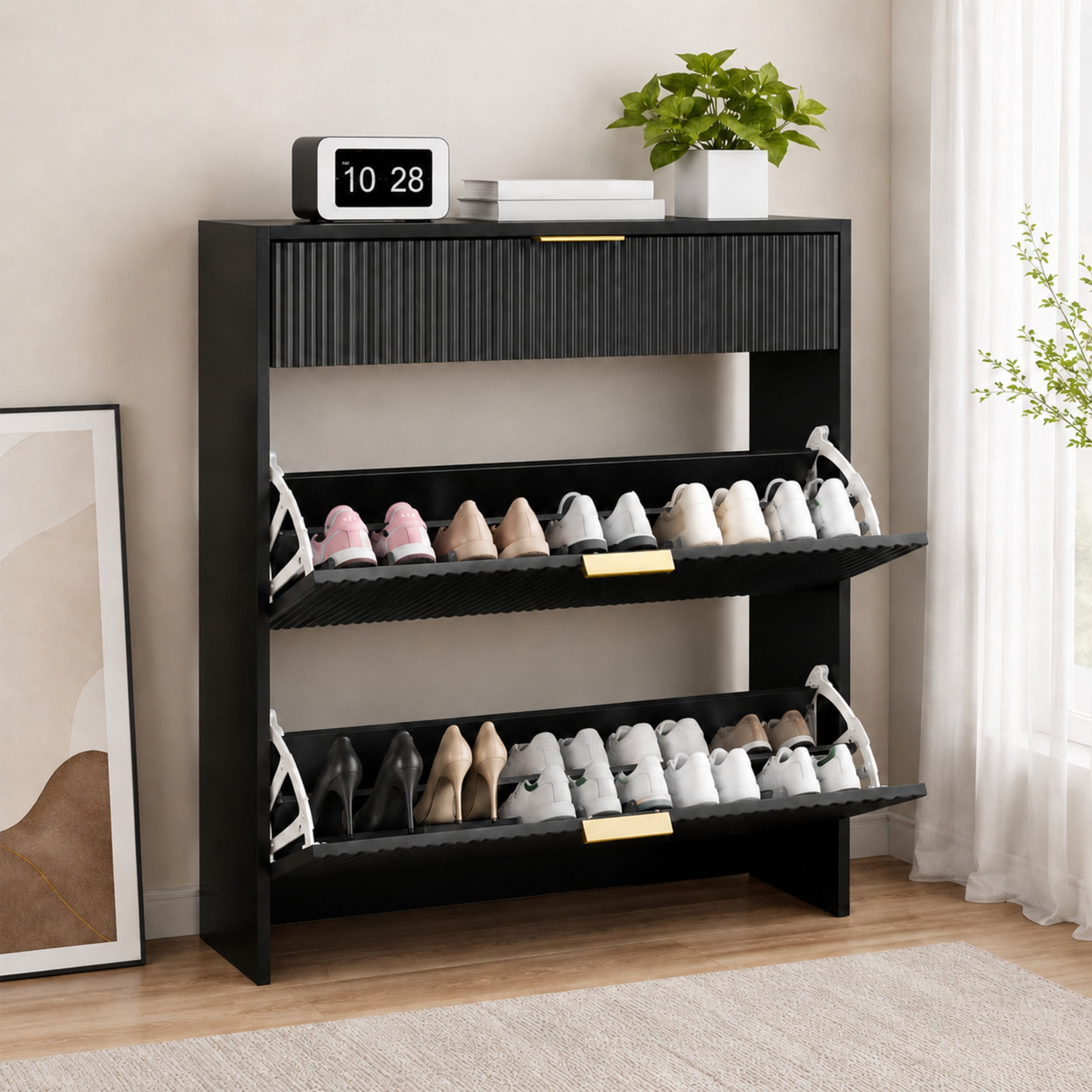 GDF Studio Solus Narrow Fluted Shoe Storage Cabinet with Gold Pull Handles, Modern Slim Hallway Organizer, Black
