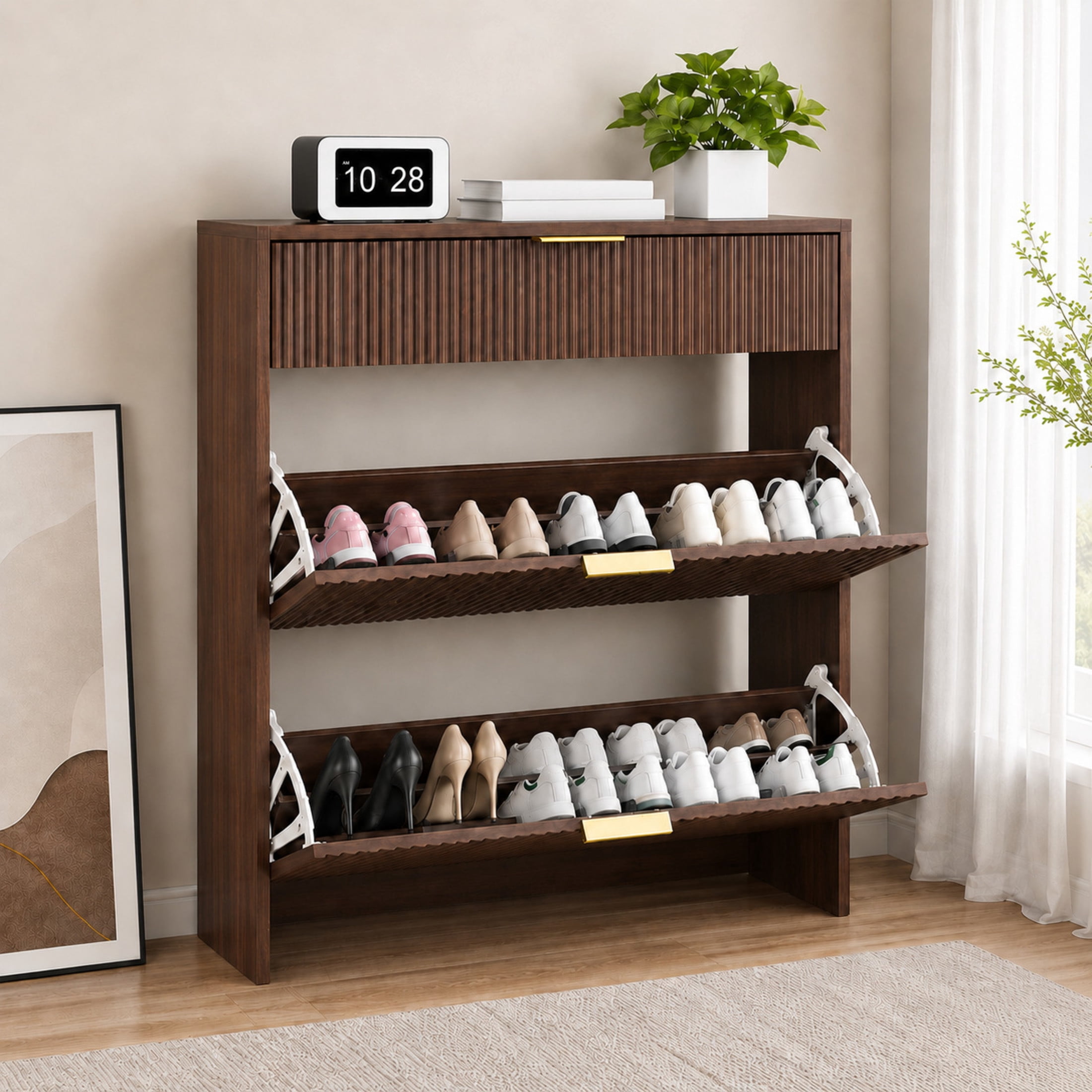 GDF Studio Solus Narrow Fluted Shoe Storage Cabinet with Gold Pull Handles, Modern Slim Hallway Organizer, Walnut