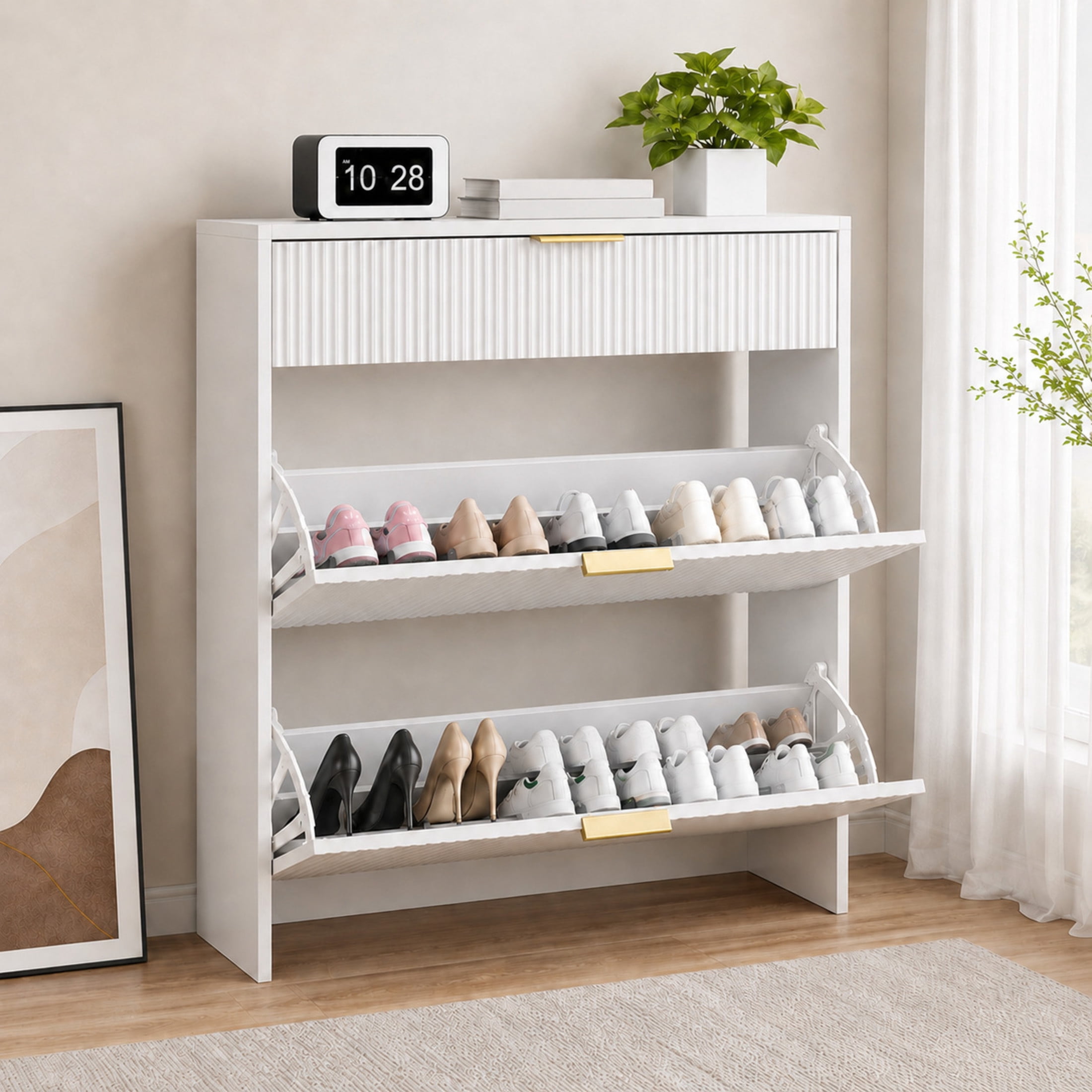 GDF Studio Solus Narrow Fluted Shoe Storage Cabinet with Gold Pull Handles, Modern Slim Hallway Organizer, White