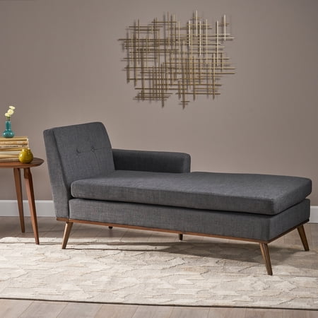 GDF Studio Sophia Mid Century Modern Fabric One Armed Chaise Lounge, Muted Dark Gray and Walnut