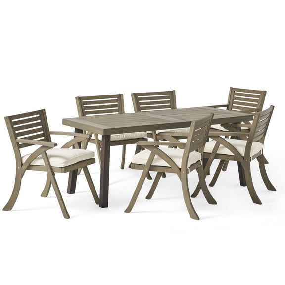 GDF Studio Spanish Bay Outdoor 7 Piece Acacia Wood Dining Set with Cushions, Gray, Rustic Metal, and Cream