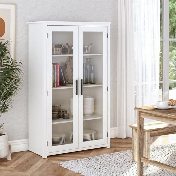 GDF Studio Storage Cabinet with Glass Doors, Adjustable Shelves, White Oak