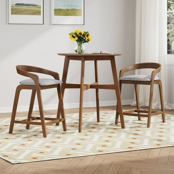 GDF Studio Stylish 3 Pcs Bar Set with Solid Wood Upholstered Stools and Round Table, Light Grey+Natural Walnut