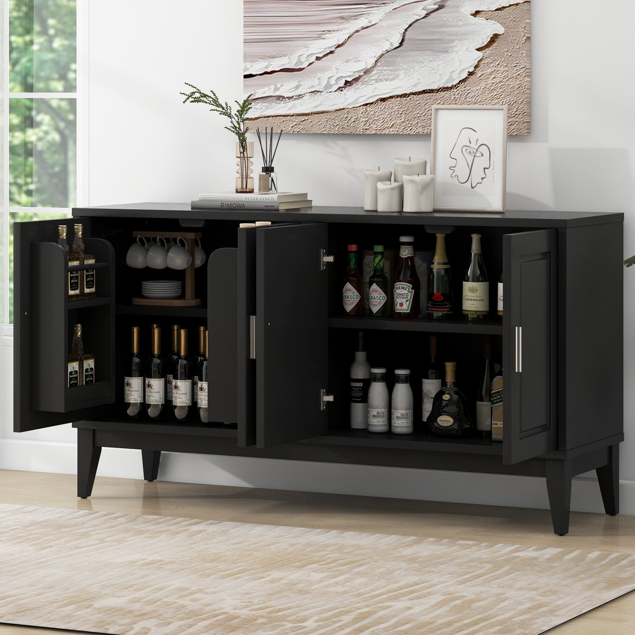 Black Rubberwood and MDF 60" Modern Sideboard with Adjustable Shelves