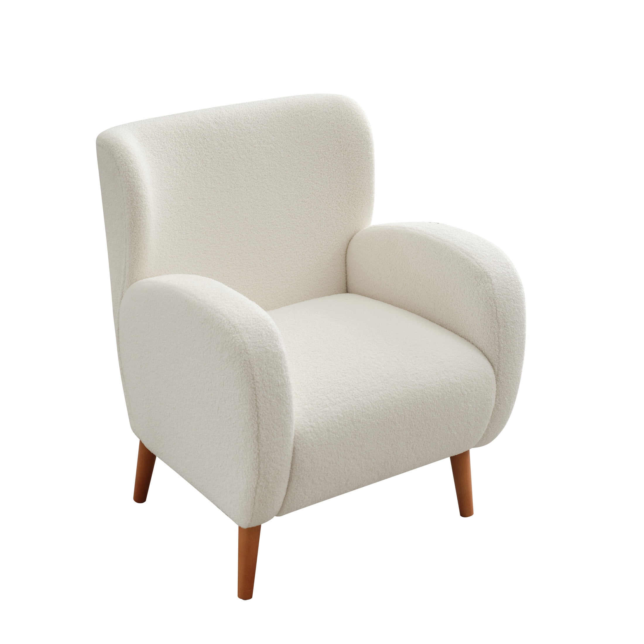 Beige Boucle Wingback Accent Chair with Wood Legs
