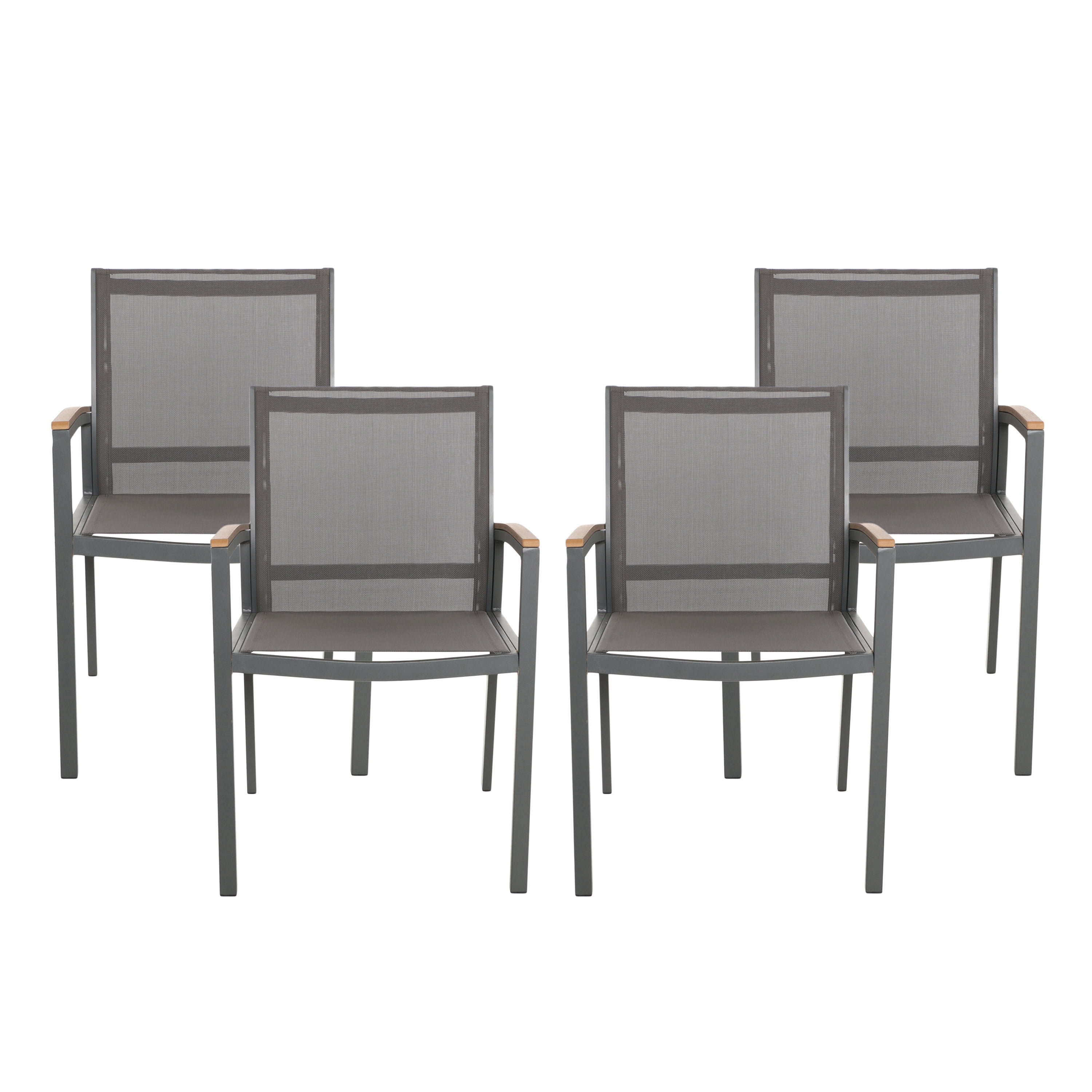 Gray and Natural Brown Aluminum Outdoor Dining Chairs with Faux Wood Accents, Set of 4