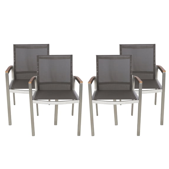 GDF Studio Swarthmore Outdoor Aluminum Dining Chairs with Faux Wood Accents, Set of 4, Silver, Gray, Natural Brown, Outdoor Mesh