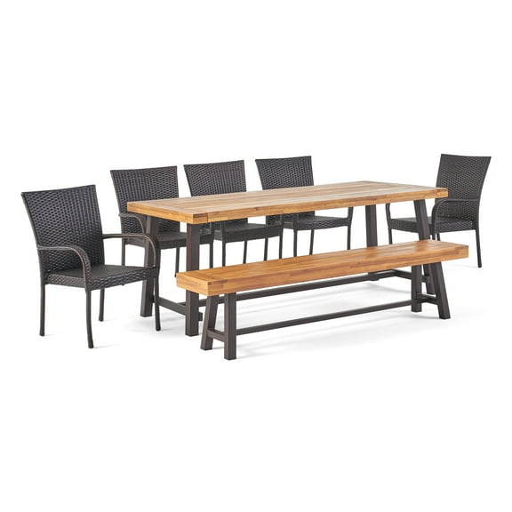 GDF Studio Tahiti Outdoor Acacia Wood and Wicker 7 Piece Dining Set with Bench, Teak, Black, and Multibrown