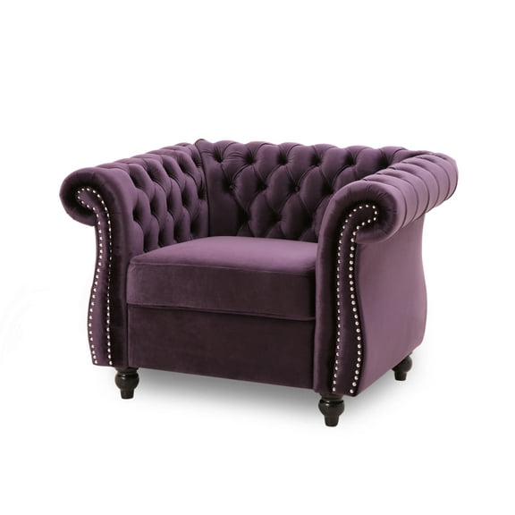GDF Studio Tampa Chesterfield Tufted Club Chair with Nailhead Trim, Blackberry Velvet and Dark Brown