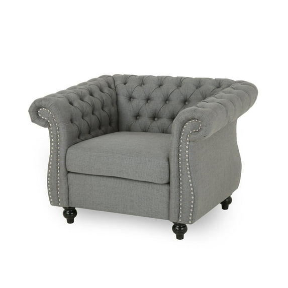 GDF Studio Tampa Chesterfield Tufted Club Chair with Nailhead Trim, Dark Gray Fabric and Dark Brown