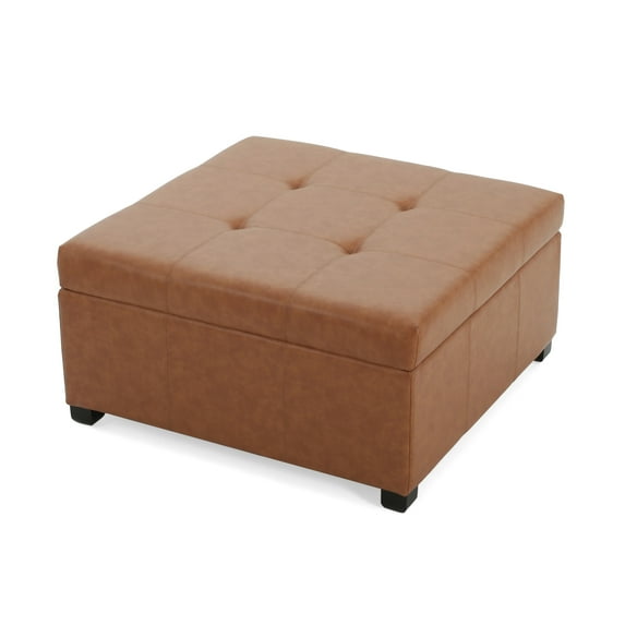 GDF Studio Tan PU Storage Ottoman Bench with Dark Birch Legs