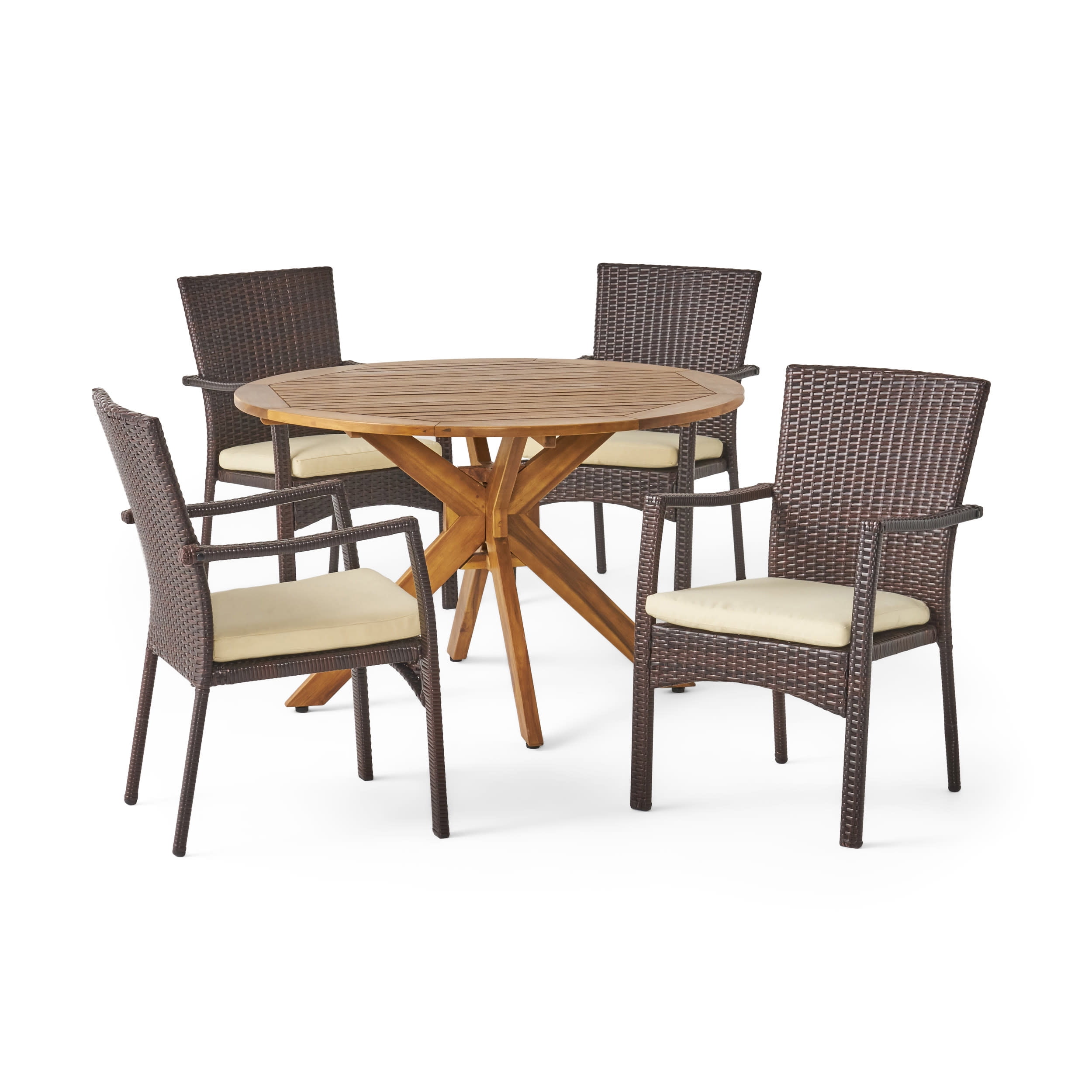 Teak and Brown Wicker 4-Person Outdoor Dining Set with Cream Cushions