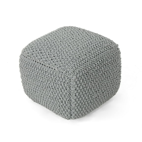 Christopher Knight Home Teresa Knitted Cotton Square Pouf, Light Grey