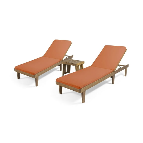 GDF Studio Teresa Outdoor Acacia Wood 3 Piece Adjustable Chaise Lounge Chat Set with Cushions, Teak and Orange