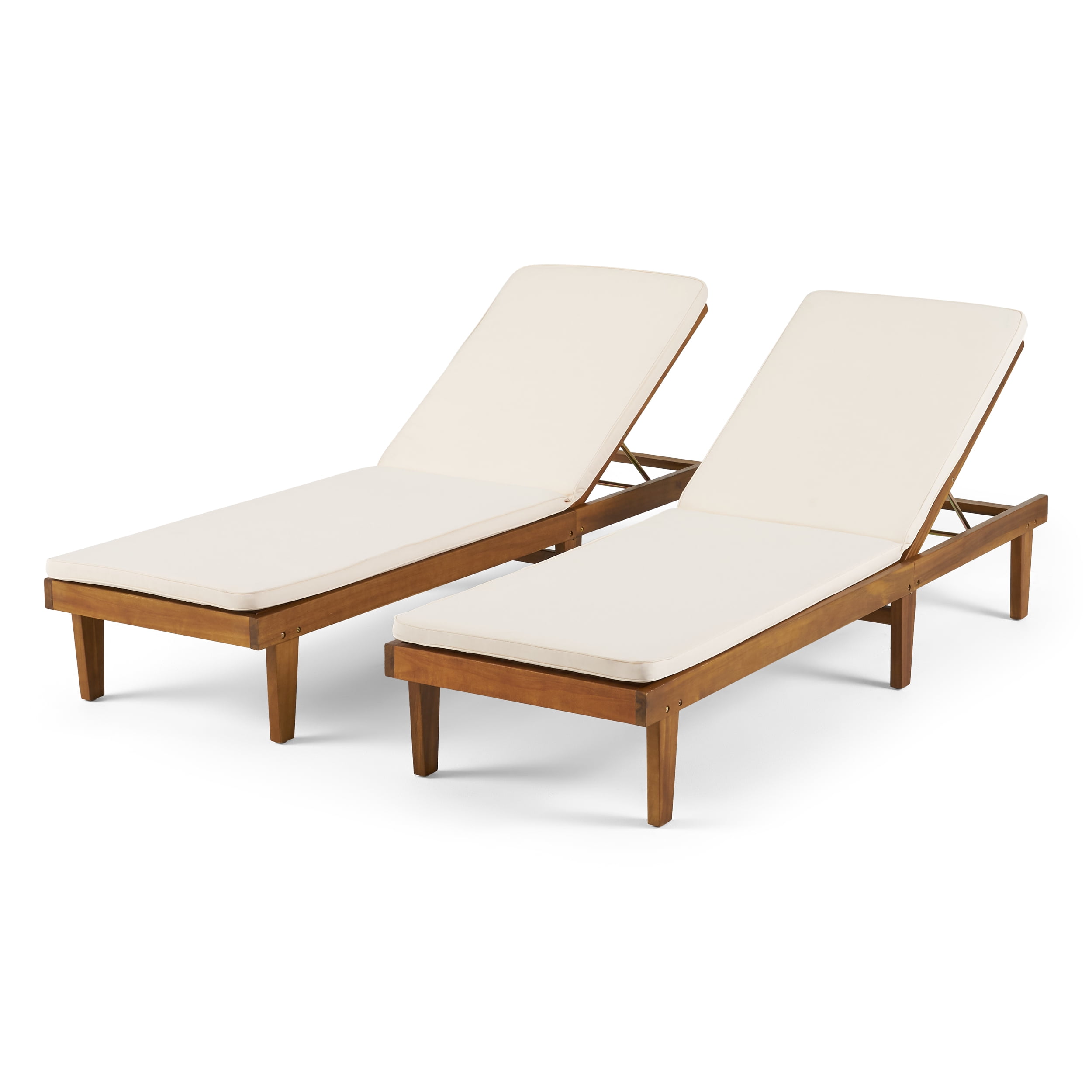 GDF Studio Teresa Outdoor Acacia Wood Armless Adjustable Chaise Lounges with Cushion, Set of 2