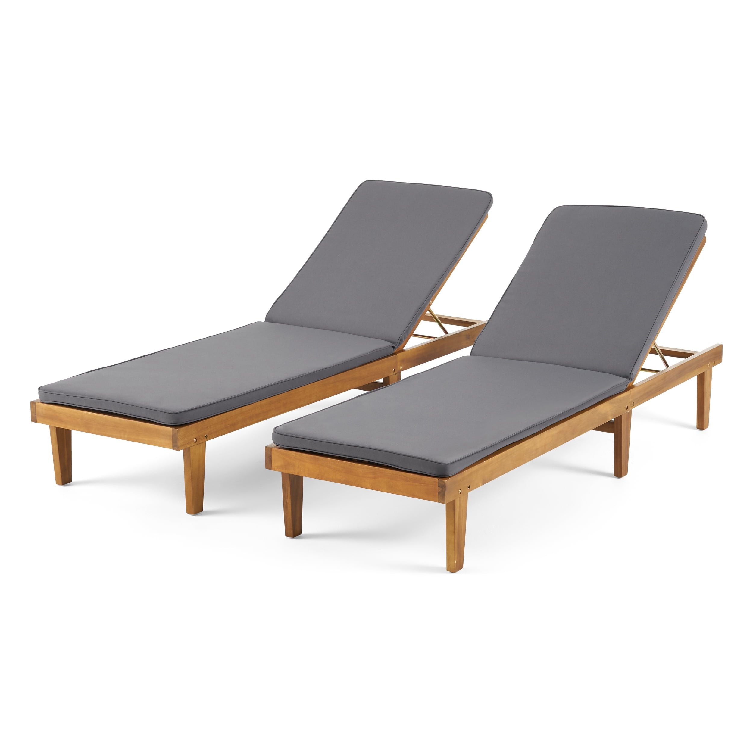 GDF Studio Teresa Outdoor Acacia Wood Armless Adjustable Chaise Lounges with Cushion, Set of 2