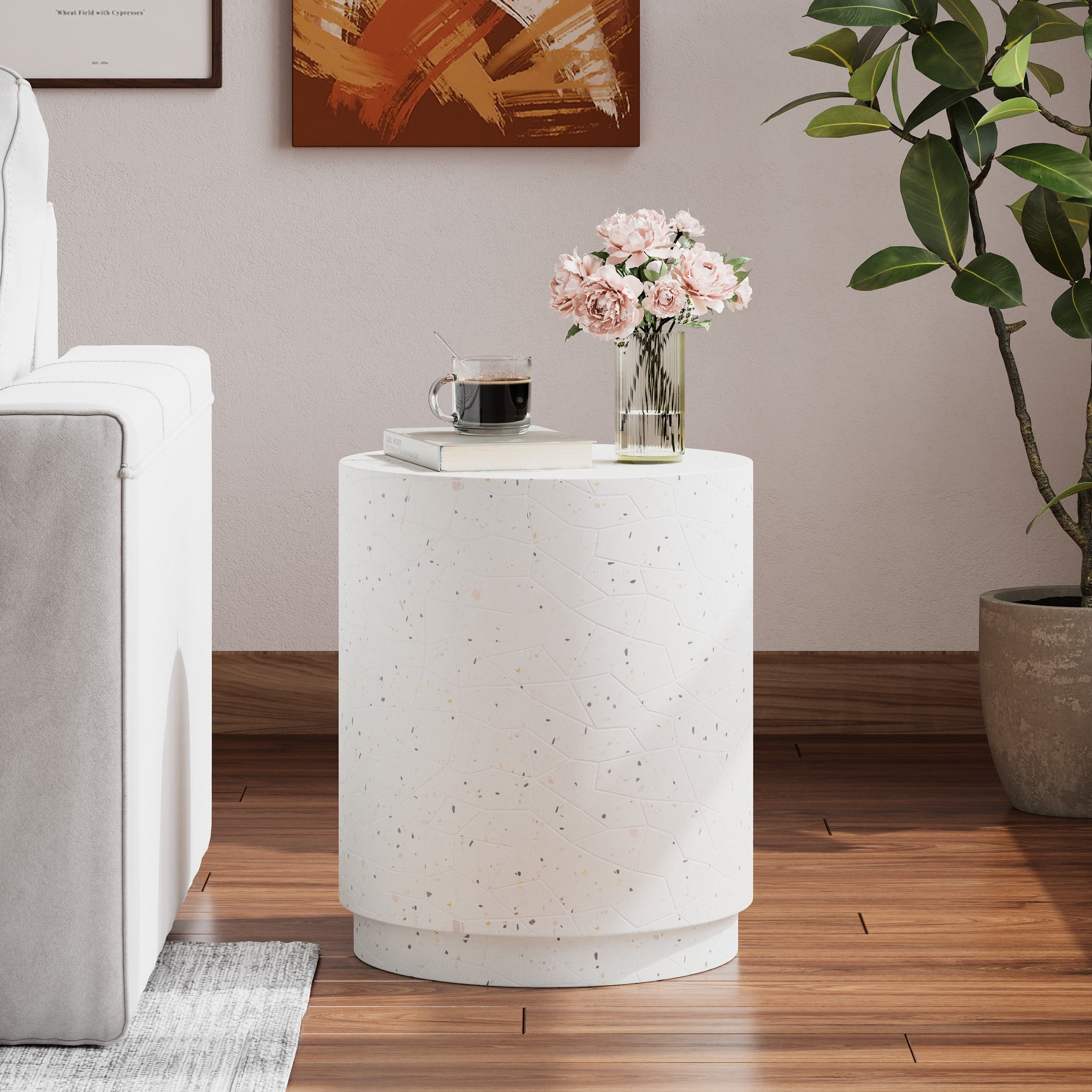 White Terrazzo Concrete Cylindrical Outdoor Side Table