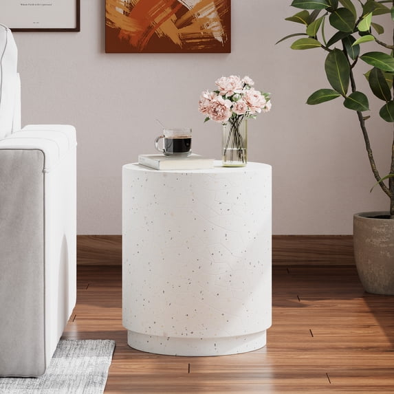 GDF Studio Terrazzo Cylindrical Outdoor Side Table, White