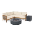 thumbnail image 1 of GDF Studio The Crowne Collection Outdoor Acacia Wood and Round Wicker 5 Seater Sectional Sofa Chat Set with Fire Pit, Teak, Mixed Brown, Beige, and Dark Gray, 1 of 13