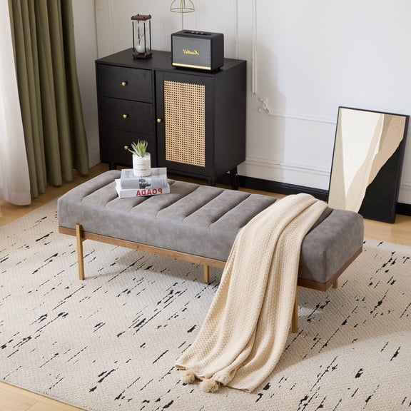 GDF Studio Thorian Luxury Upholstered Ottoman Bench with Channel Tufting and Metal Base, Gray+Gold