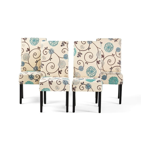 GDF Studio Thurber Contemporary Upholstered Dining Chairs, Set of 4, Light Beige and Blue Floral Fabric and Espresso