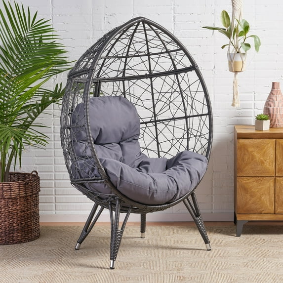 GDF Studio Tovah Indoor/Outdoor Wicker Teardrop Egg Chair with Cushion, Gray and Dark Gray