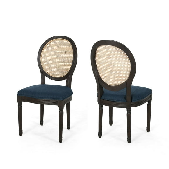 GDF Studio Towner French Country Fabric Wood and Cane Dining Chairs, Set of 2, Navy Blue, Natural, and Dark Brown